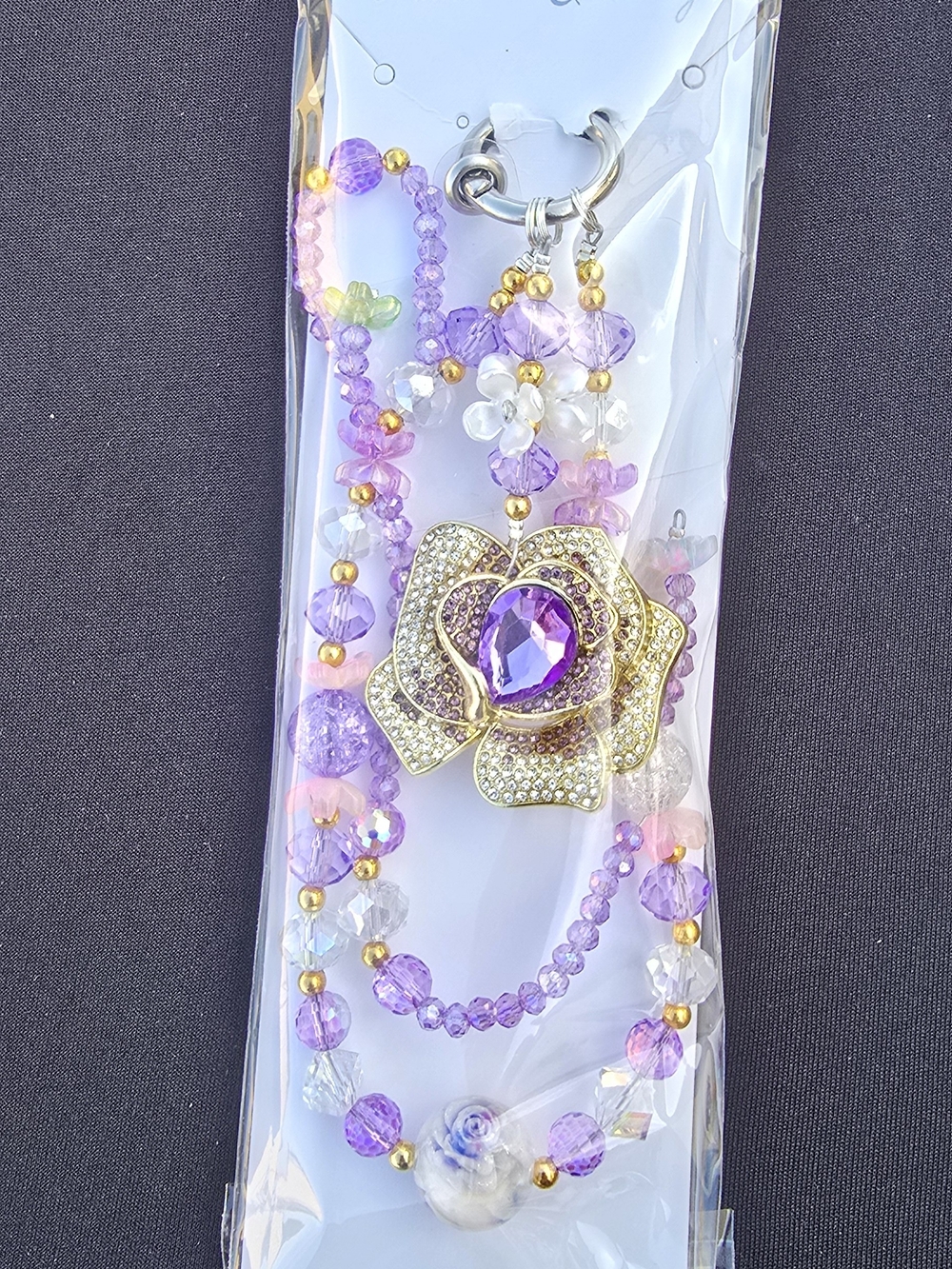 Gold-Tone Purple Crystal Flower Phone Charm